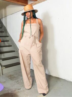 Sleeveless Wide-Leg Utility Jumpsuit in Beige, XL